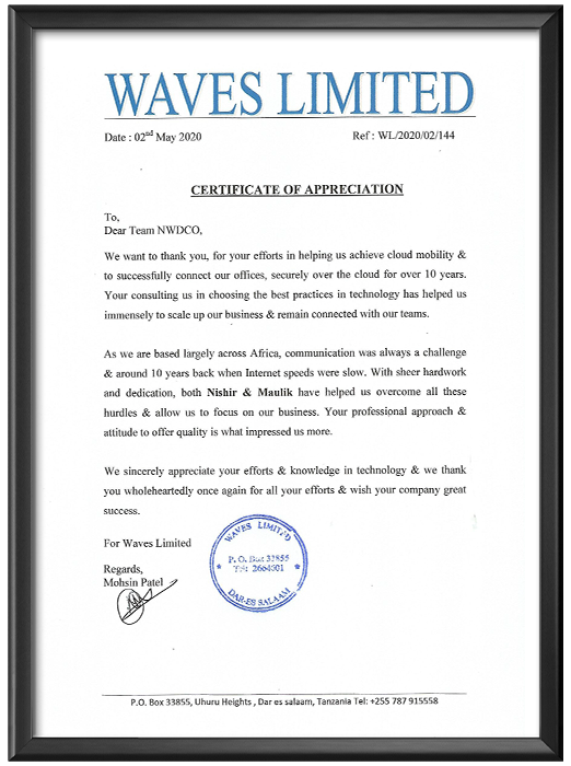 Certificate of Appreciation from Waves Limited - 2nd May, 2020