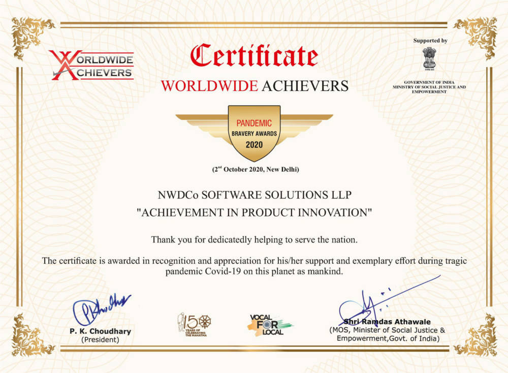Certificate of Appreciation from Worldwide Achievers - 2nd October, 2020